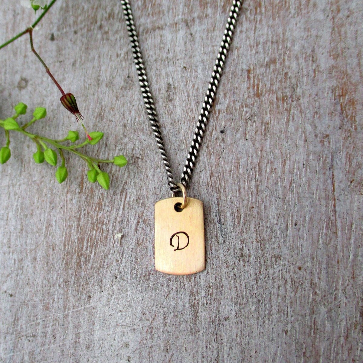 14k Gold Dog Tag Initial Pendant on optional 2mm Sterling Silver Oxidized Curb Chain - Luxe Design Jewellery