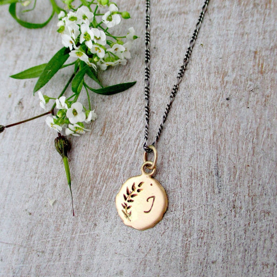 14k Gold Raw Edge Vine Initial Pendant on optional Sterling Silver Oxidized Figaro Chain - Luxe Design Jewellery