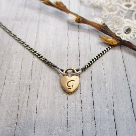 14k Solid Gold Initial Padlock Heart Charm on Sterling Silver Curb Chain - Luxe Design Jewellery