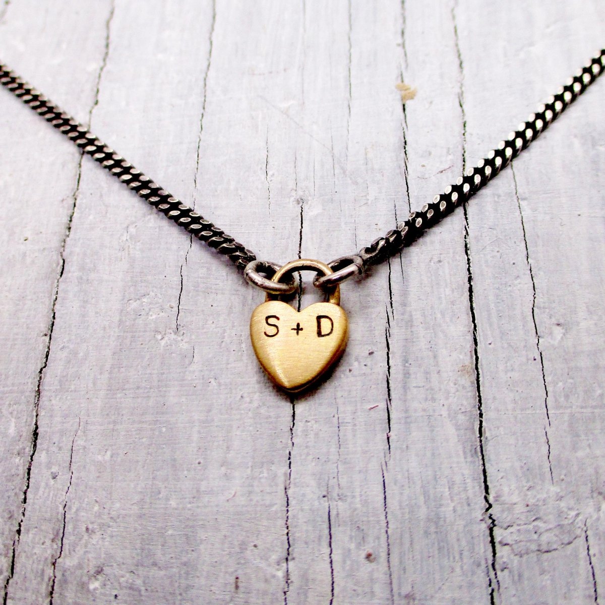 14k Solid Gold Personalized Padlock Heart Charm on Sterling Silver Curb Chain - Luxe Design Jewellery