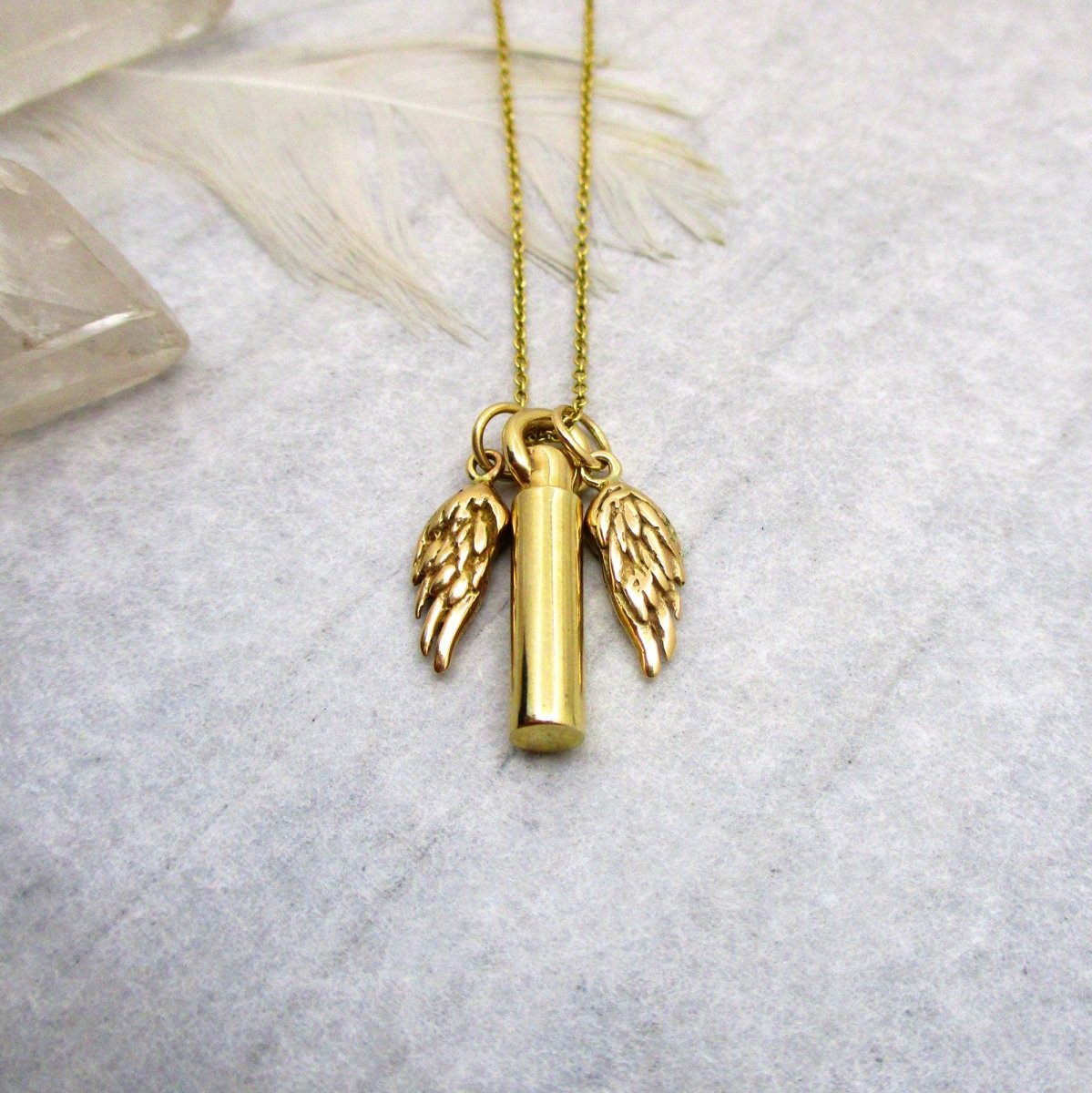 Angel Wings and Mini Solid 14K Gold Cylinder Urn Necklace for Cremation Ashes - Luxe Design Jewellery