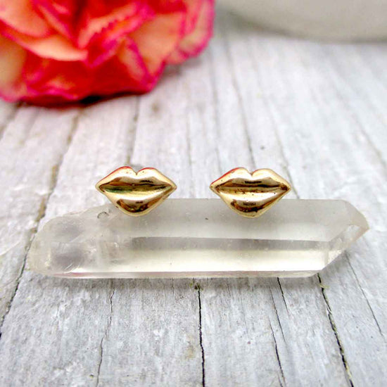 Kissy Lips Post Earrings in Solid 14 Karat Yellow Gold - Luxe Design Jewellery