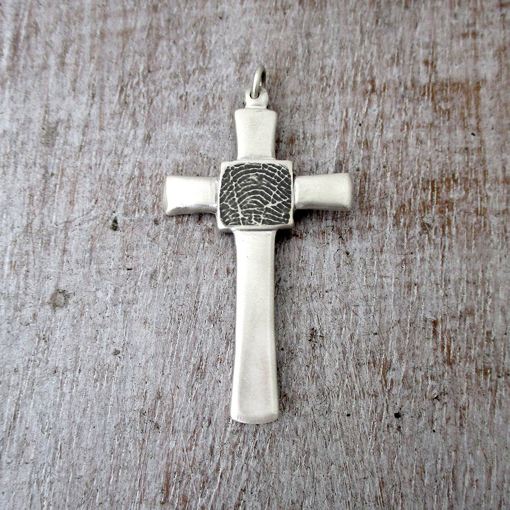 Sterling Silver Personalized Fingerprint Cross Pendant made from a Digital Image - Luxe Design Jewellery