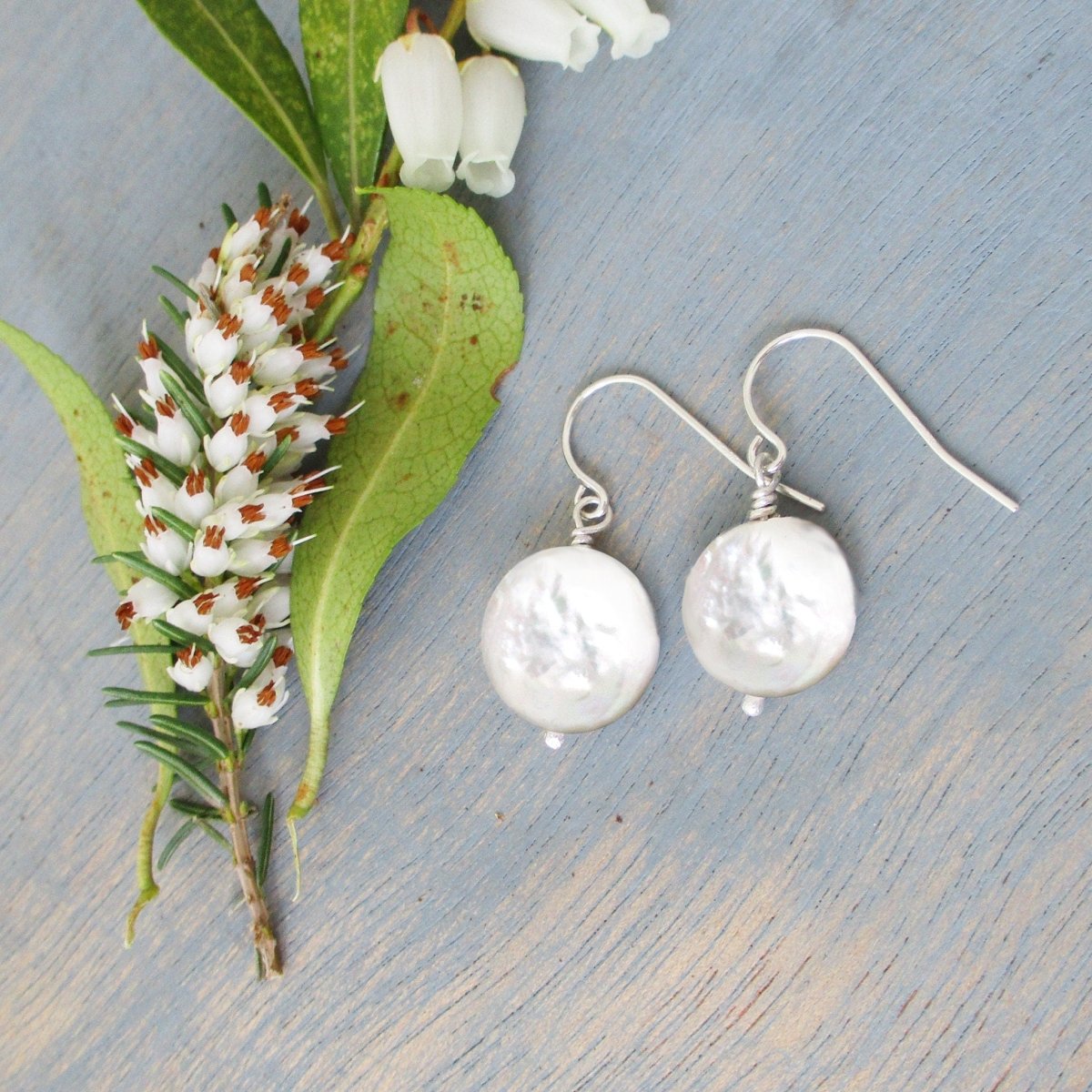 White Baroque Coin Pearl Earrings in Gold Filled or Sterling Silver - Luxe Design Jewellery