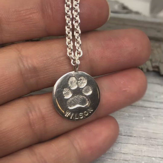 Load and play video in Gallery viewer, Your Dog&amp;#39;s or Cat&amp;#39;s Personalized Paw Print Pendant Large
