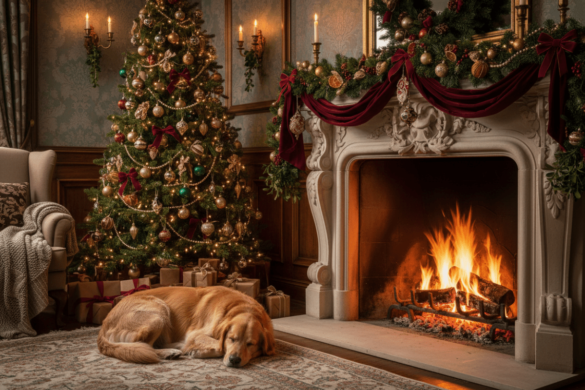 A realistic photo looking image of a dog curled up asleep next to a fireplace in a house decorated tastefully for a Victorian Christmas