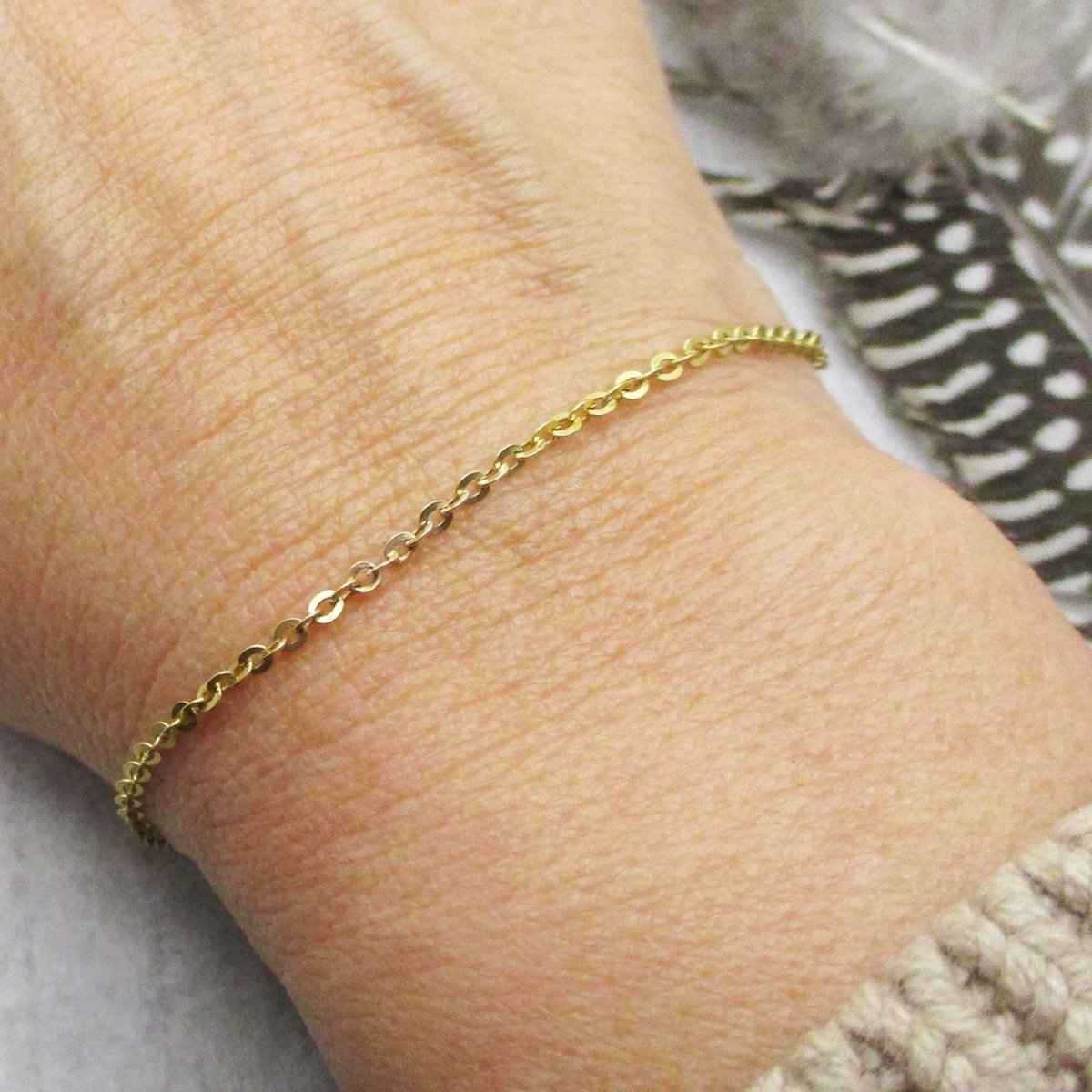 14 Karat Solid Gold Squared Flat Link Cable Chain Bracelet