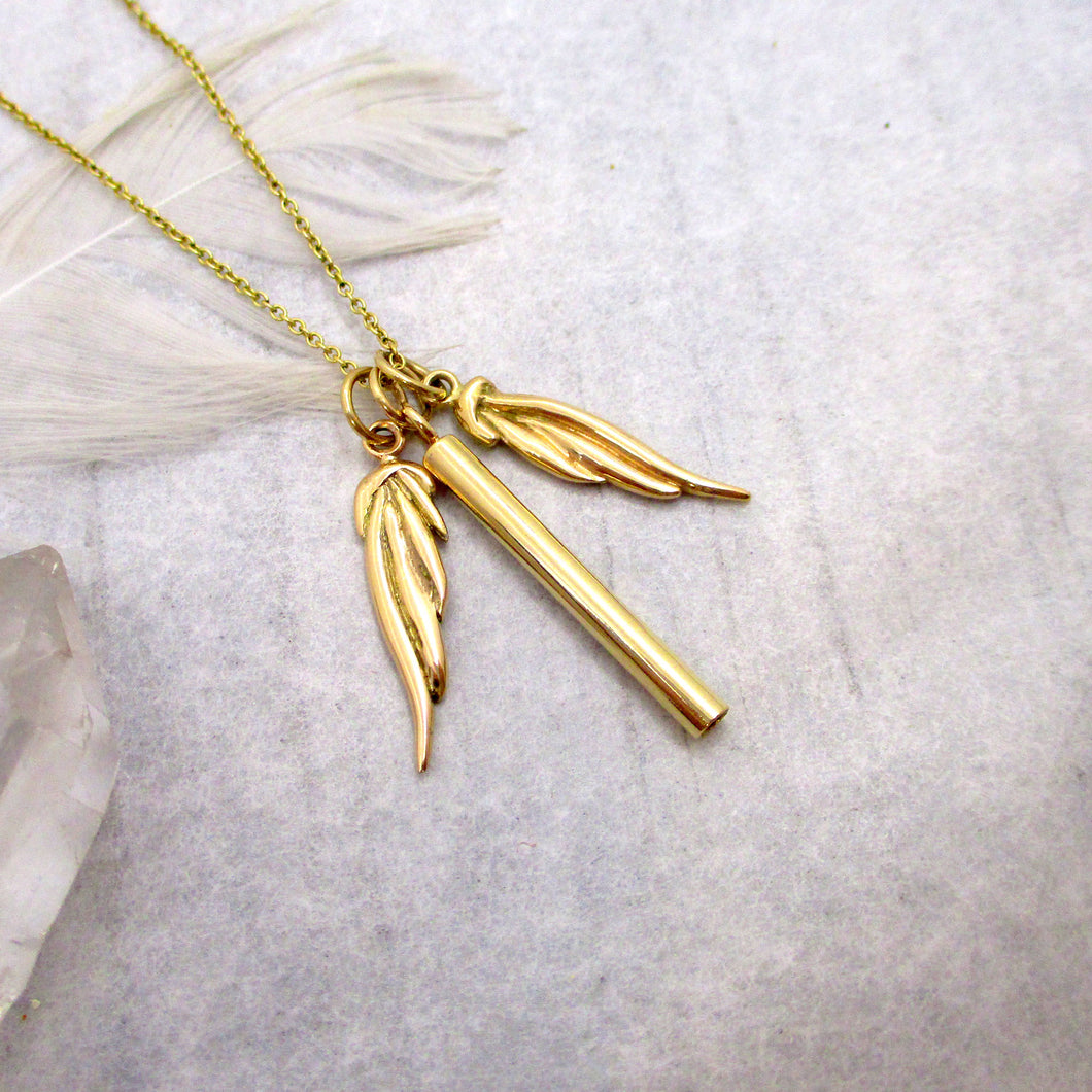 Angel Wings Narrow Solid 14K Gold Cylinder Urn Necklace for cremation Ashes, Holds a Small Pinch of Ashes