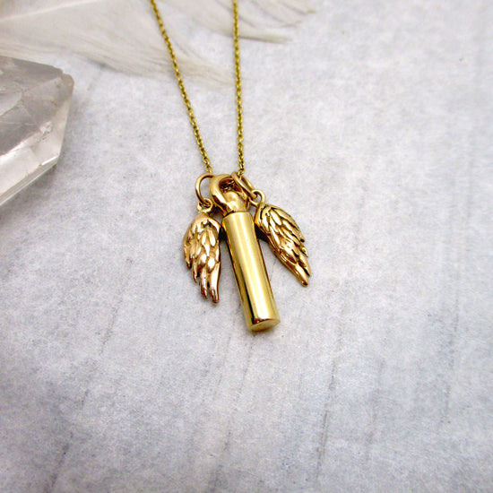 Angel Wings and Mini Solid 14K Gold Cylinder Urn Necklace for Cremation Ashes