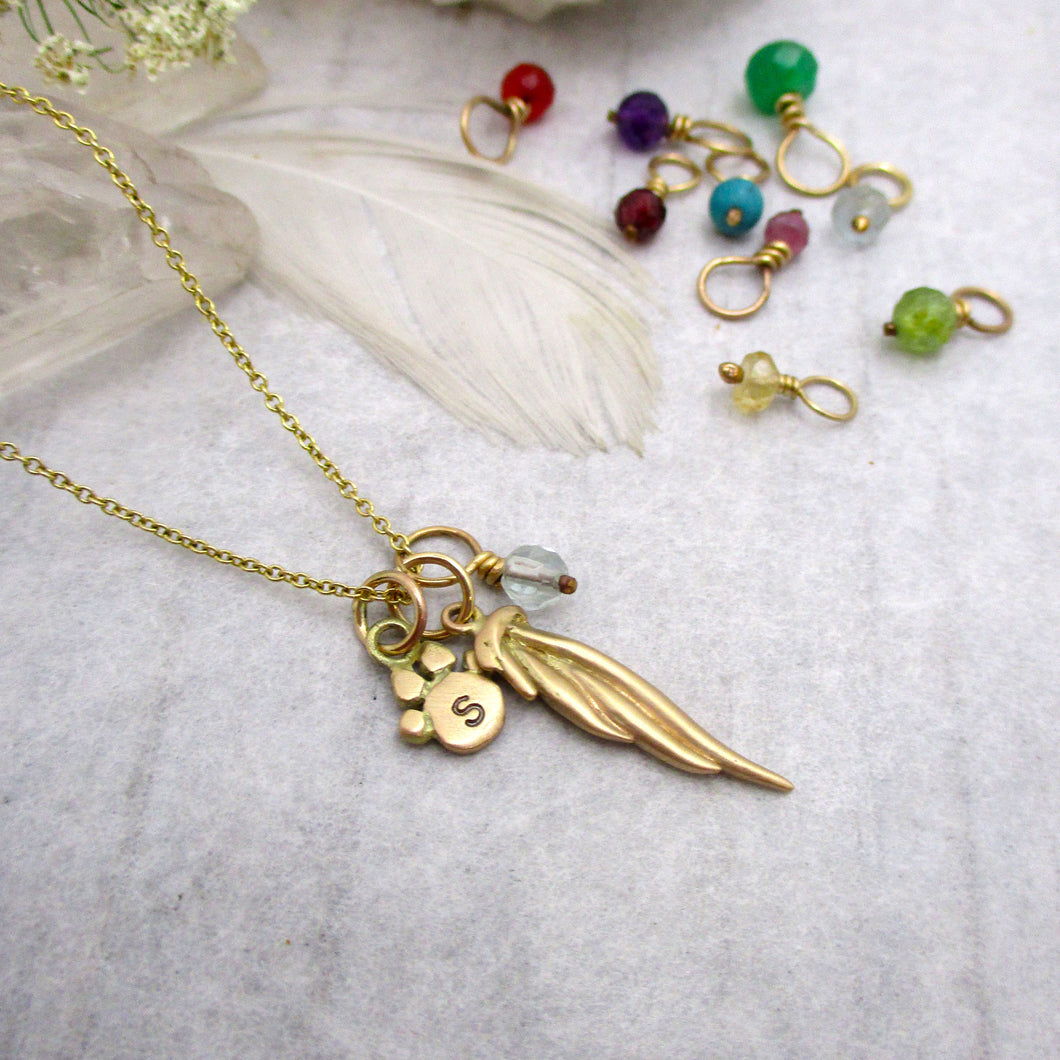 Modern Angel Wing, Personalized Paw and Gem Bead Necklace in Solid 14 Karat Yellow Gold