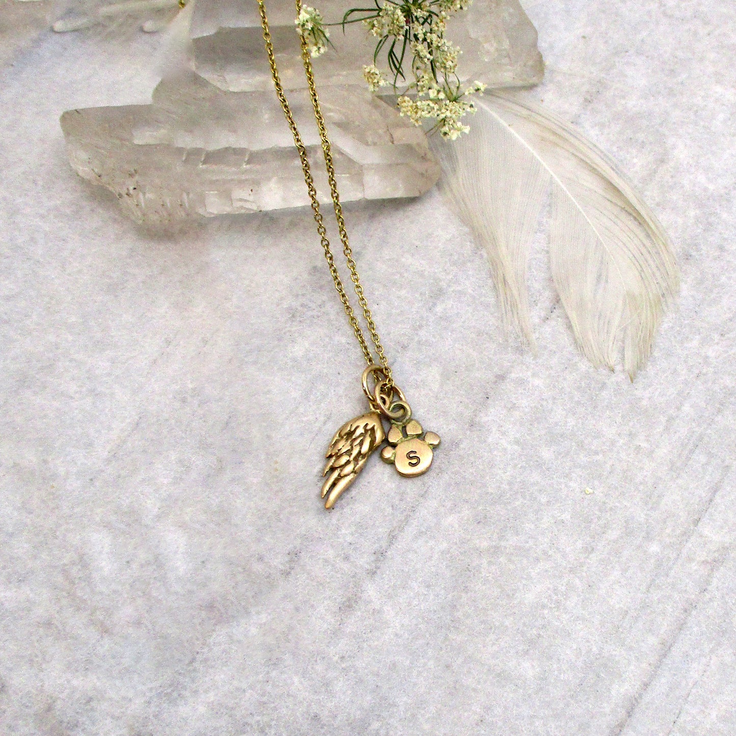 Feathered Angel Wing and Personalized Paw Necklace in Solid 14 Karat Yellow Gold