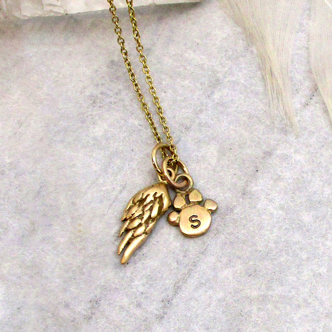 Feathered Angel Wing and Personalized Paw Necklace in Solid 14 Karat Yellow Gold
