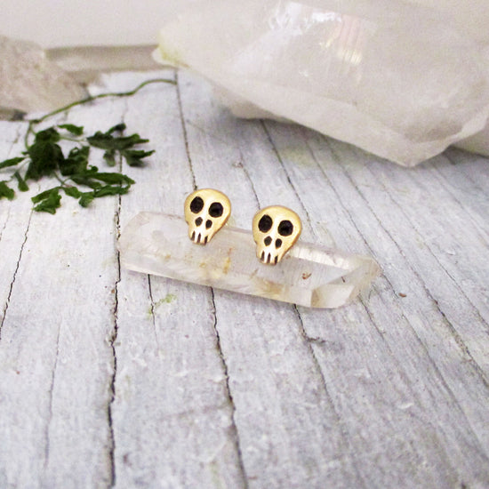 14K Gold Tiny Skull Post Earrings