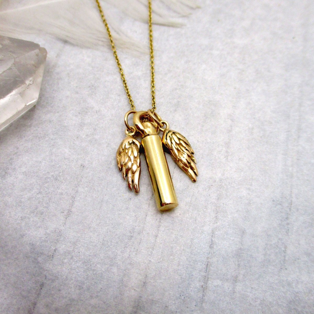 Angel Wings and Mini Solid 14K Gold Cylinder Urn Necklace for Cremation Ashes - Luxe Design Jewellery