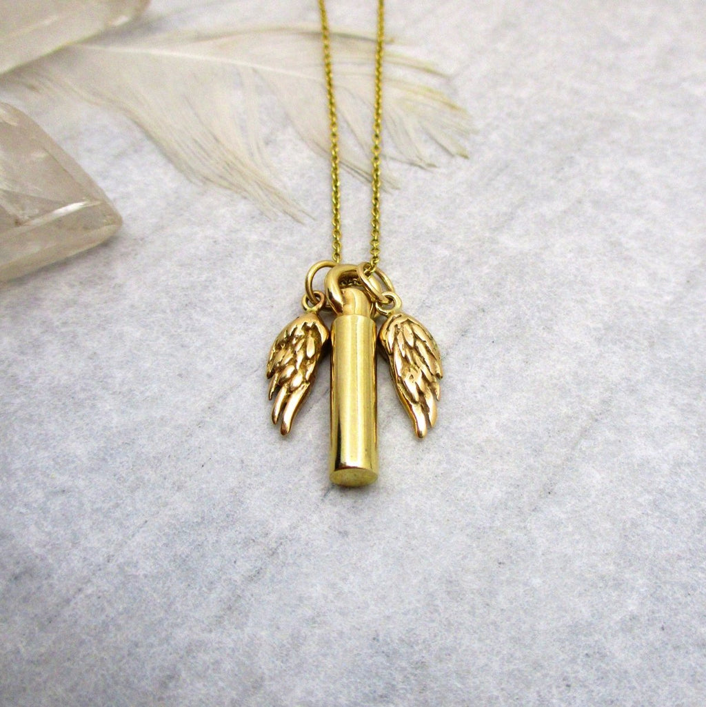 Gold Necklace Solid Gold Urn Angel Wings And Mini Solid 14K Gold