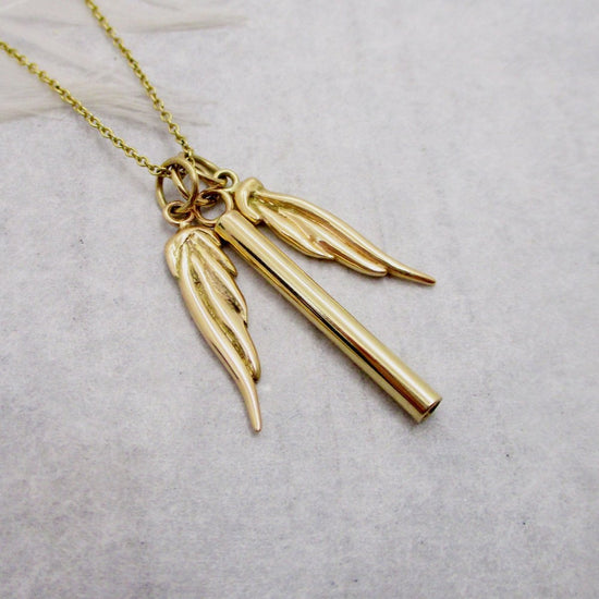 Angel Wings Narrow Solid 14K Gold Cylinder Urn Necklace for cremation Ashes, Holds a Pinch of Ashes - Luxe Design Jewellery