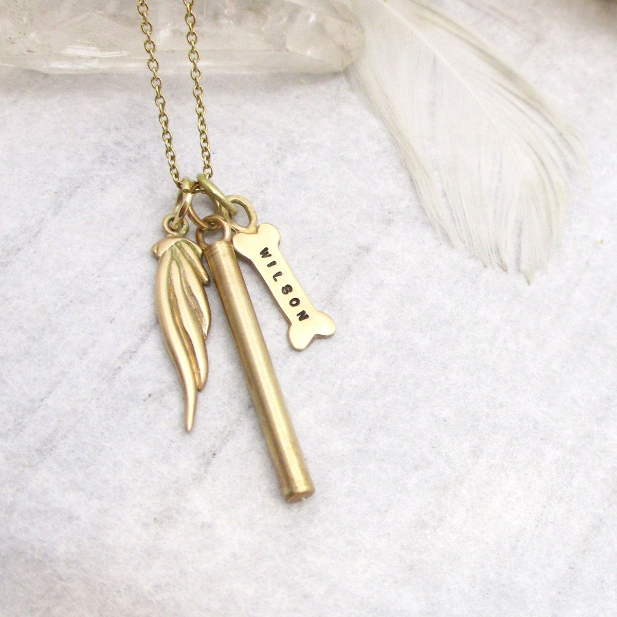 Narrow Urn Personalized Dog Bone and Modern Angel Wing Necklace in Solid 14 Karat Yellow Gold - Luxe Design Jewellery