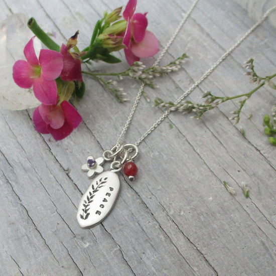 Personalized Raw Edge Vine Charm Necklace with Birthstones in Sterling Silver - Luxe Design Jewellery