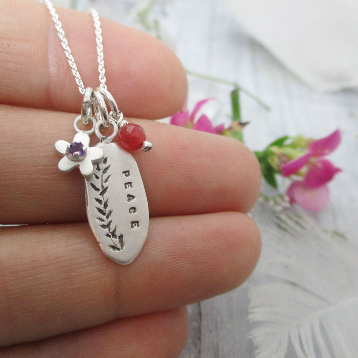 Personalized Raw Edge Vine Charm Necklace with Birthstones in Sterling Silver - Luxe Design Jewellery