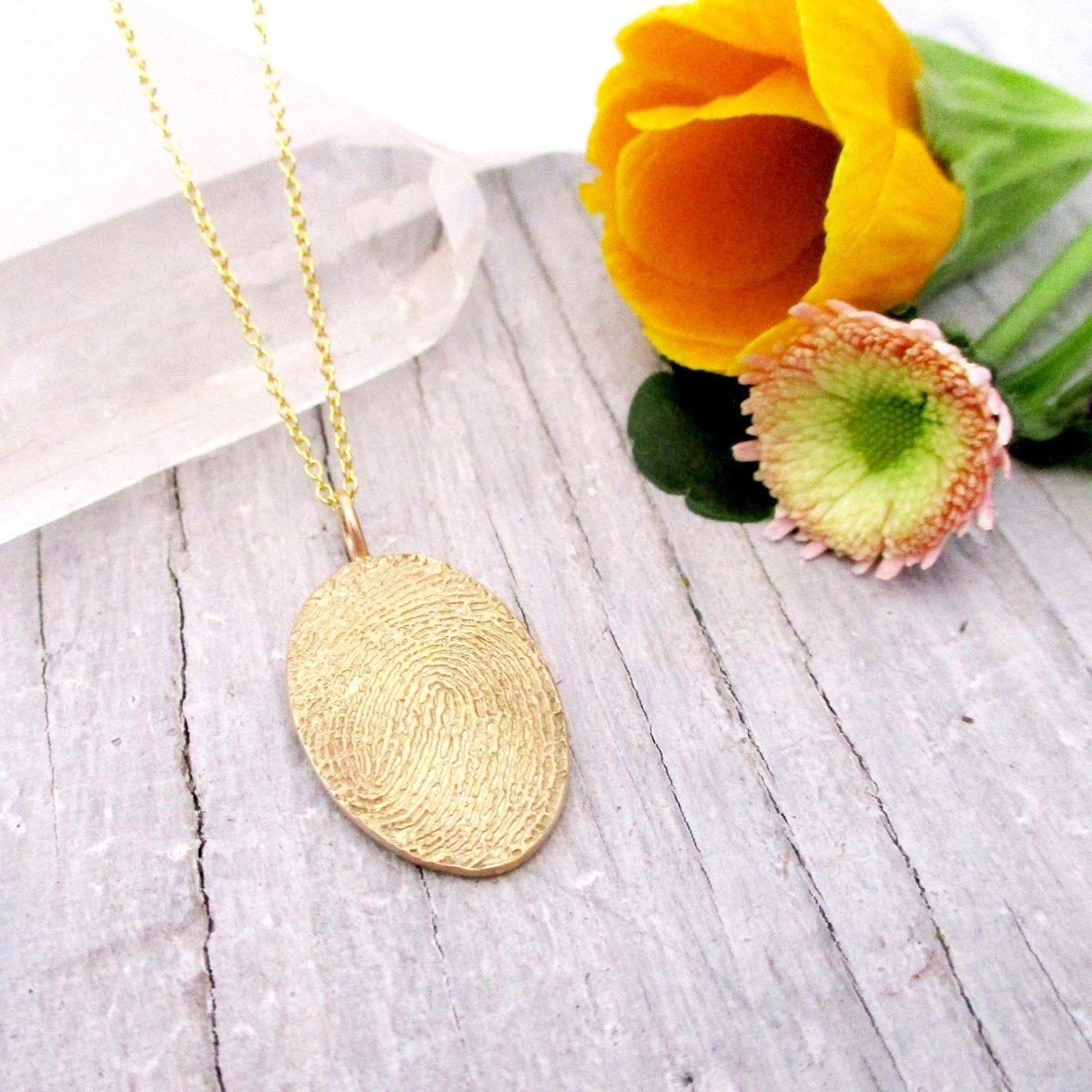 Solid Gold Oval Fingerprint Pendant from Flat Ink Print - Luxe Design Jewellery