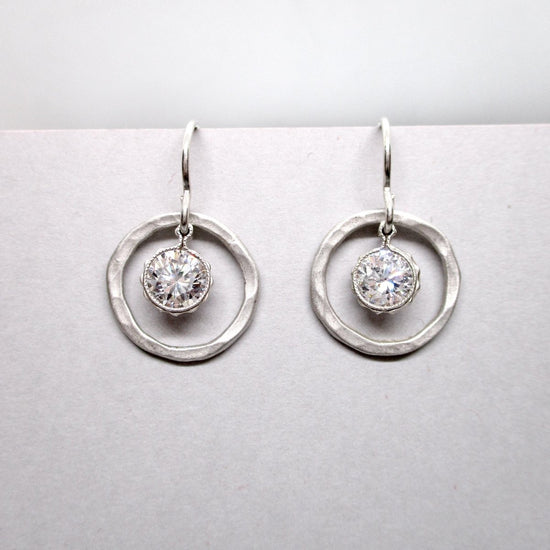 Sterling Hammered Circle Earrings Medium with Cubic Zirconia - Luxe Design Jewellery
