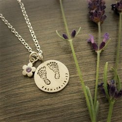 Your Child's Footprints Pendant and Flower Birthstone Necklace in
