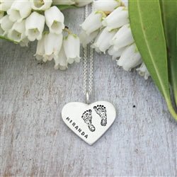 Your Child's Hand Prints or Foot Prints Silver Heart Necklace