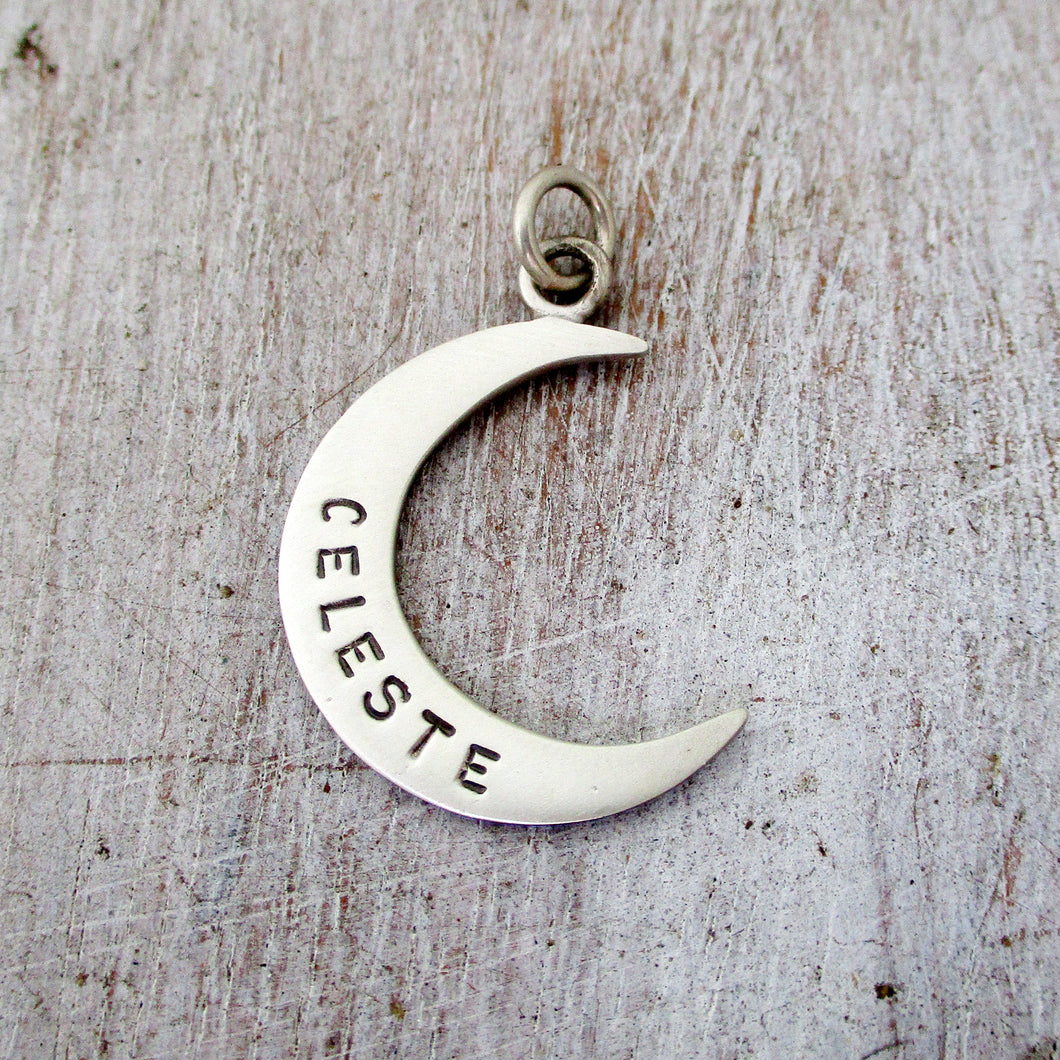 Sterling Silver Personalized Crescent Moon Charm - LARGE Font - Luxe Design Jewellery