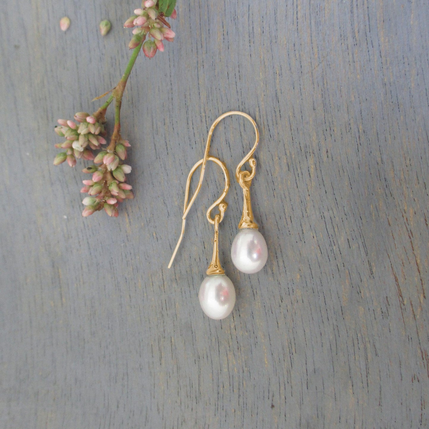 Load image into Gallery viewer, Gold and White Freshwater Teardrop Pearl Hook Earrings, 14 Karat Gold Pearl Earrings, Rose Gold Earrings
